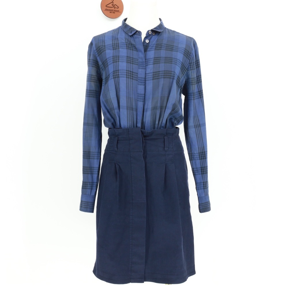 Burberry Brit Blue Plaid Mixed Media Shirt Dress Navy Skirt Size 8 Mixed Media